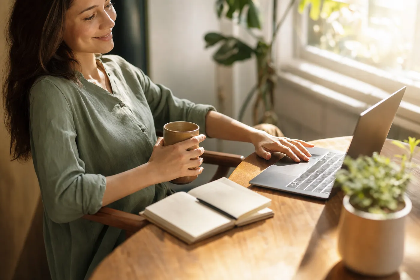 A relaxed professional smiling at their laptop in a sunlit home office, representing efficient resume tailoring.