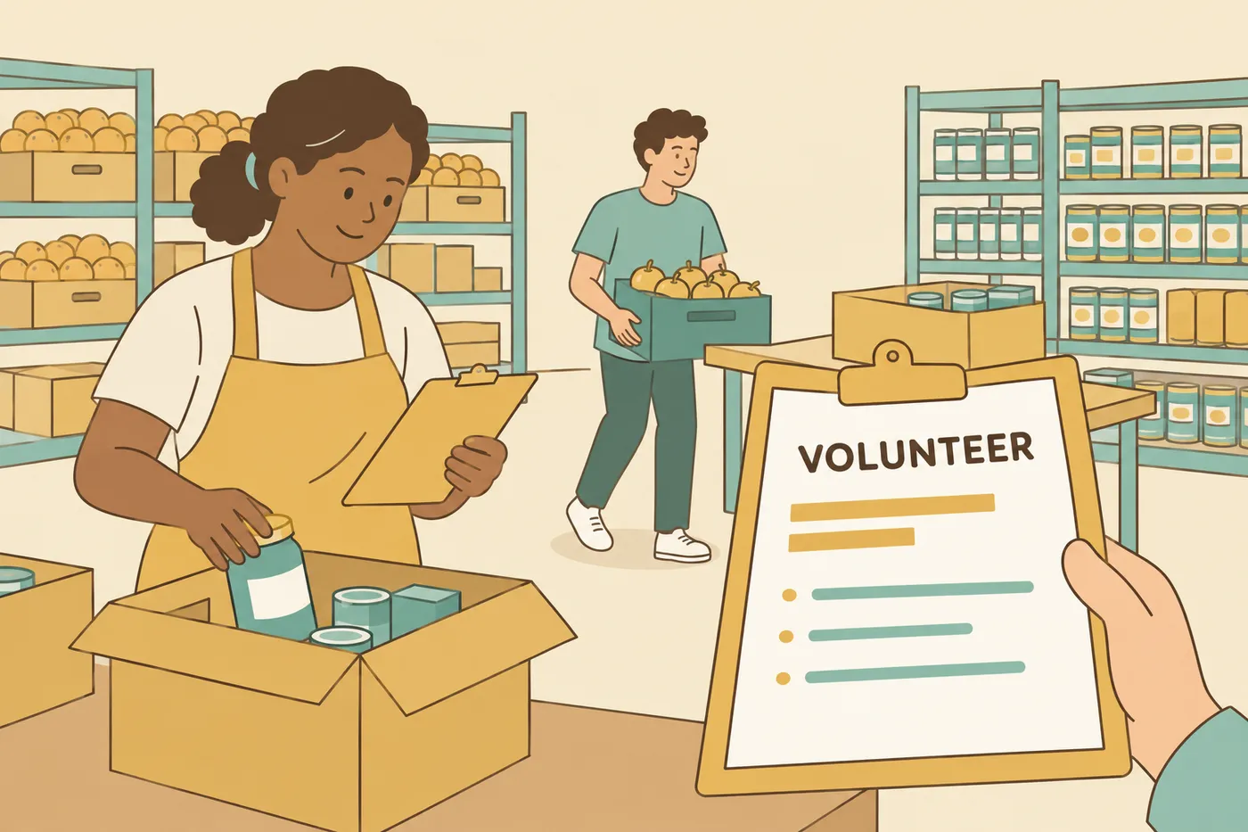 A woman volunteers at a food bank, holding a clipboard styled like a resume entry, for an article on resume volunteer work.