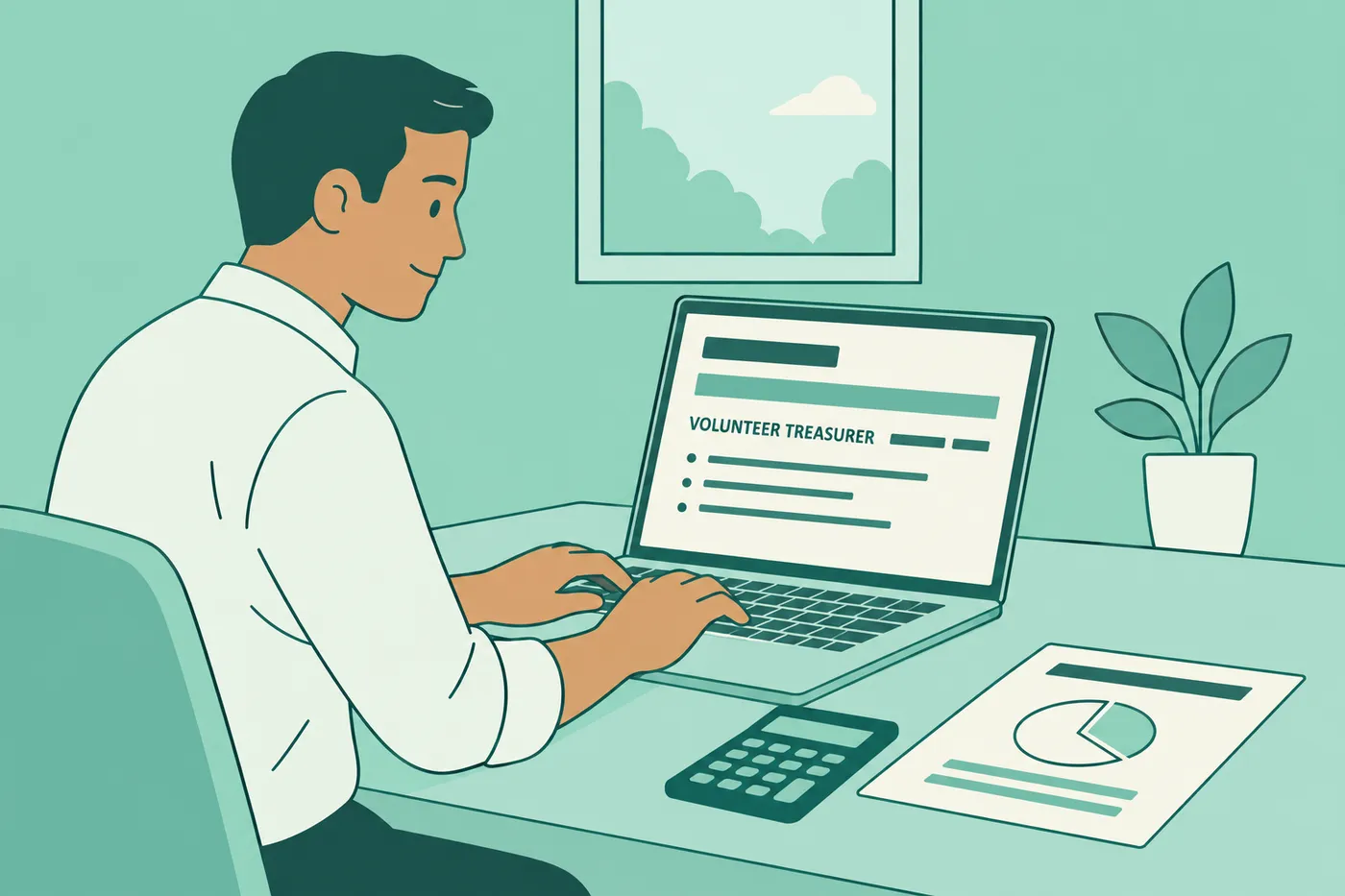 A man in his forties drafts a resume with a prominent Volunteer Treasurer entry, illustrating how to list volunteer roles.