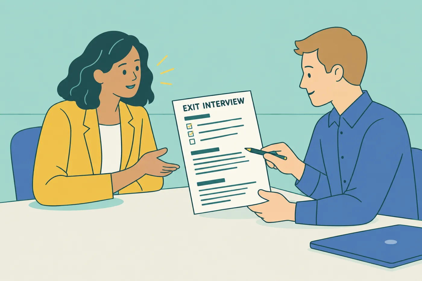 A departing employee speaks calmly during her exit interview as an HR manager holds the feedback form.