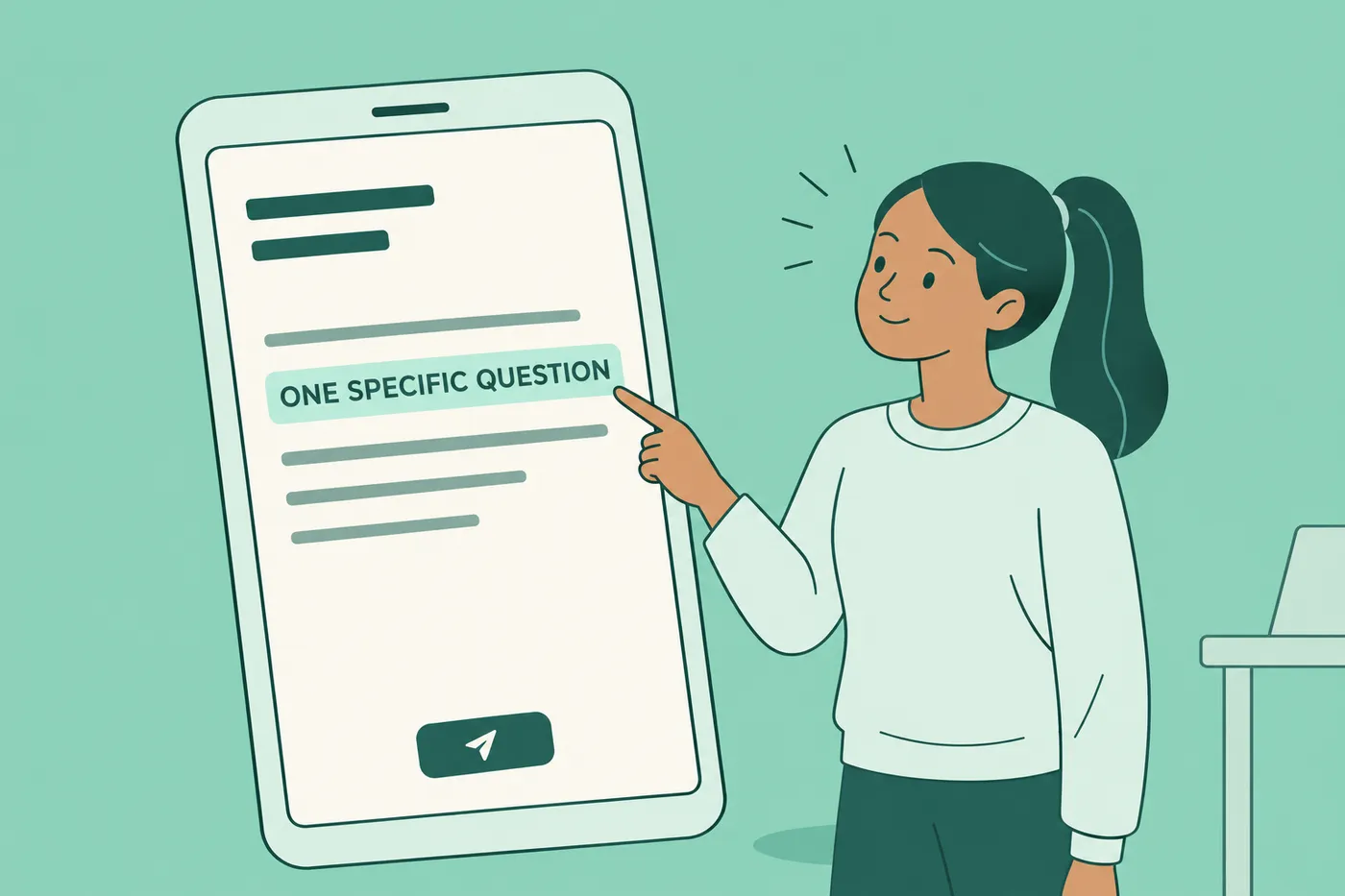 A job seeker points to a single question on a giant email screen, showing how to ask for interview feedback.