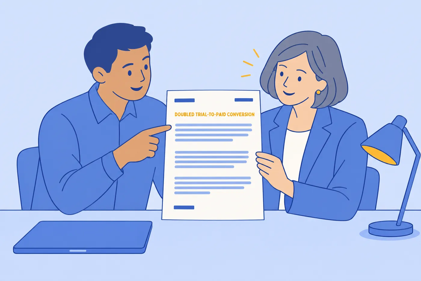 A job candidate points to a strong result on his cover letter while discussing it with a hiring manager.