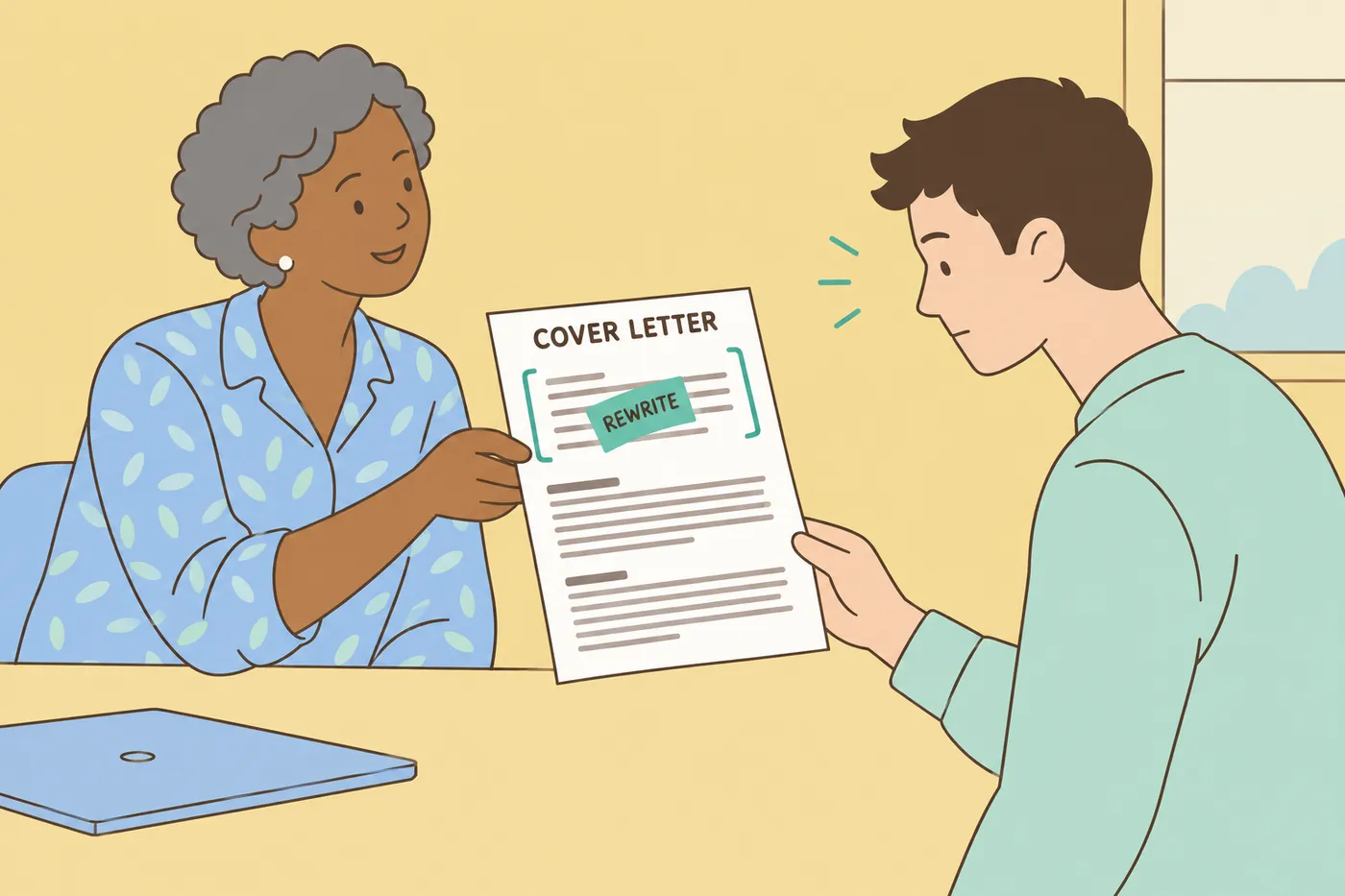 A career advisor hands a cover letter with a 'REWRITE' note on the generic AI opening to a job seeker.