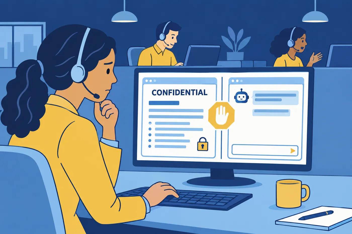 A customer support specialist hesitates to paste confidential company data into an AI tool, for a guide on what not to share.