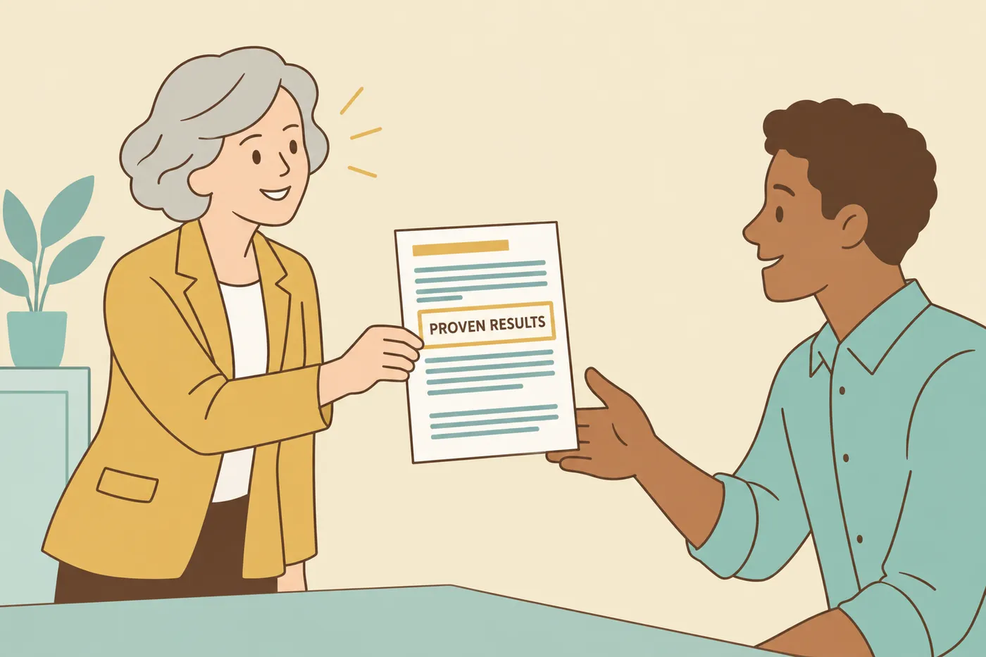 A candidate hands her cover letter to a manager, highlighting a body paragraph marked as proven results.