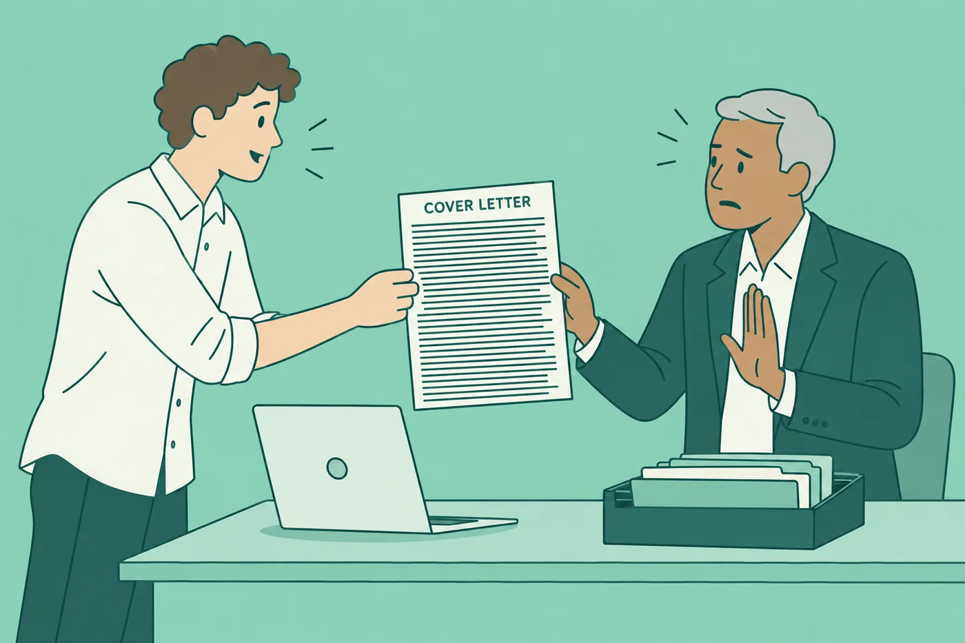 A hiring manager looks overwhelmed as a job seeker hands him a cover letter made of one massive, unbroken wall of text.