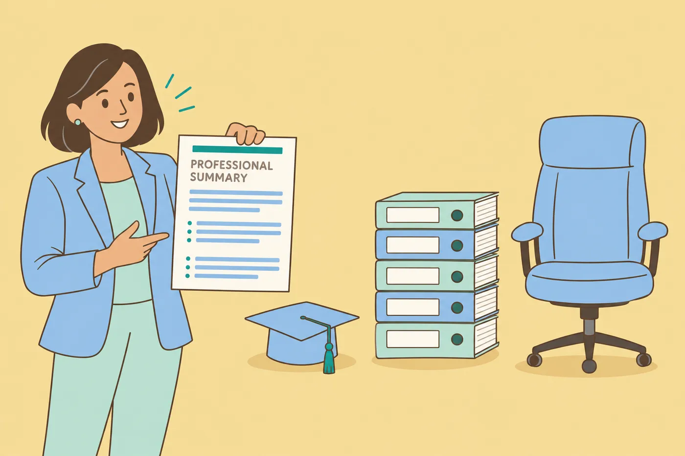 A professional holds a resume next to a graduation cap, binders, and an executive chair, for an article on resume summaries by seniority.