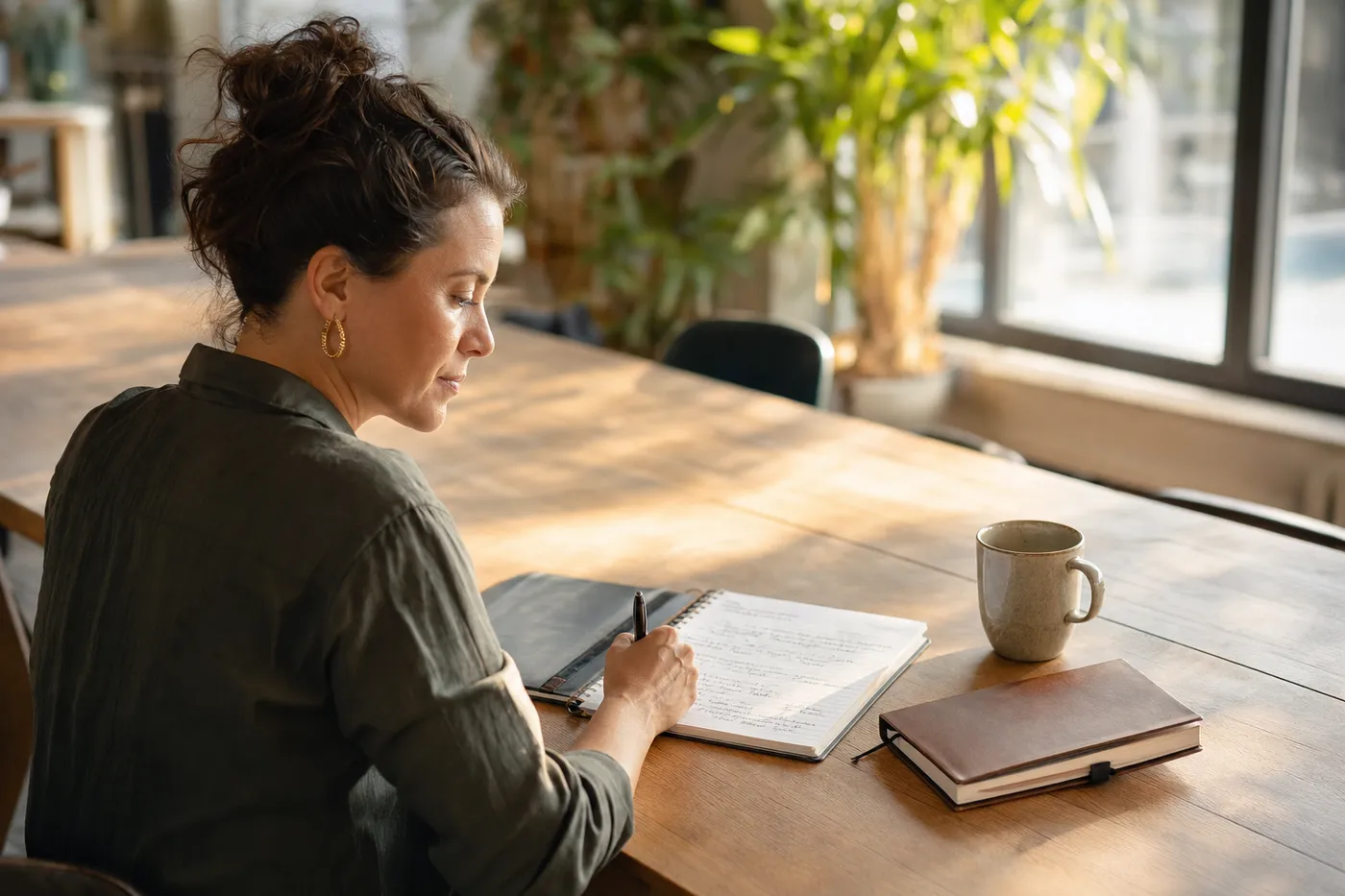 A confident professional in a sunlit workspace, reflecting on her career journey and resume summary.
