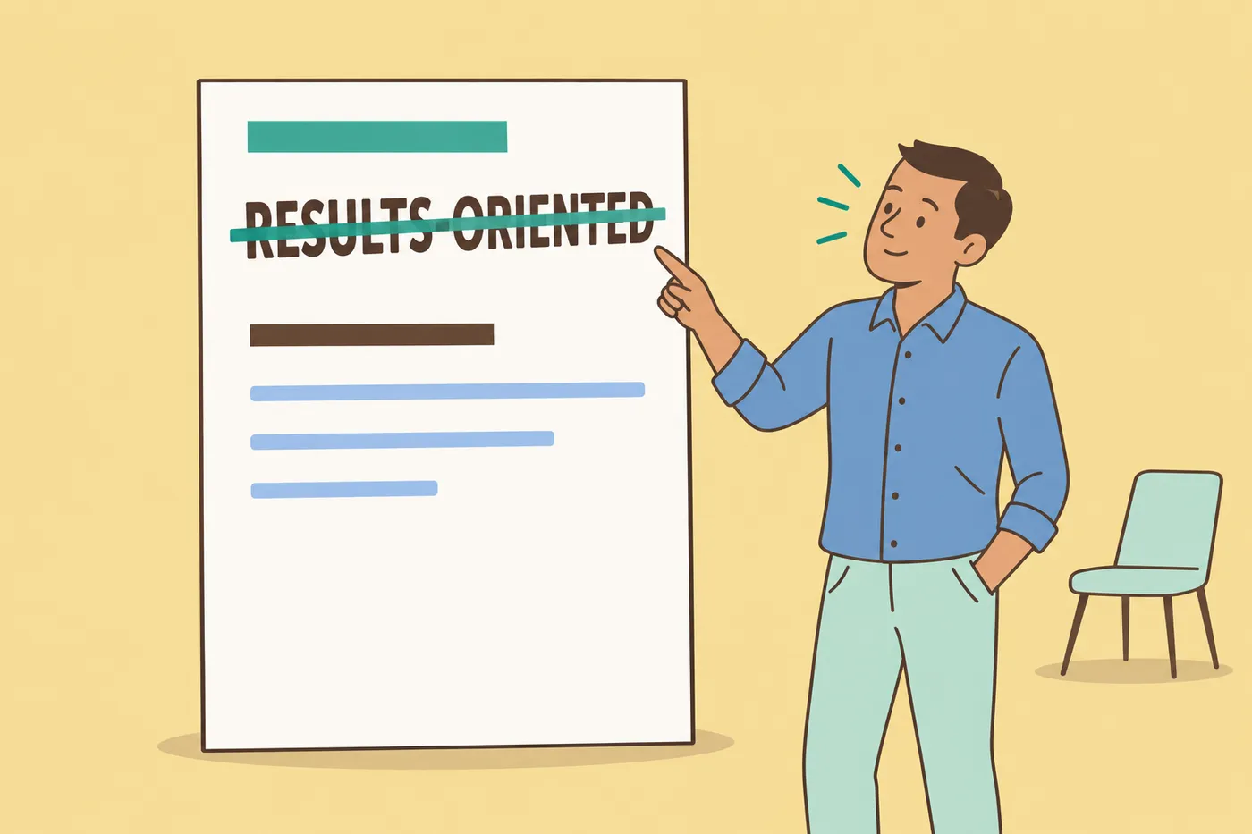A job seeker points at a giant resume summary where the cliché term RESULTS-ORIENTED is crossed out with a thick line.