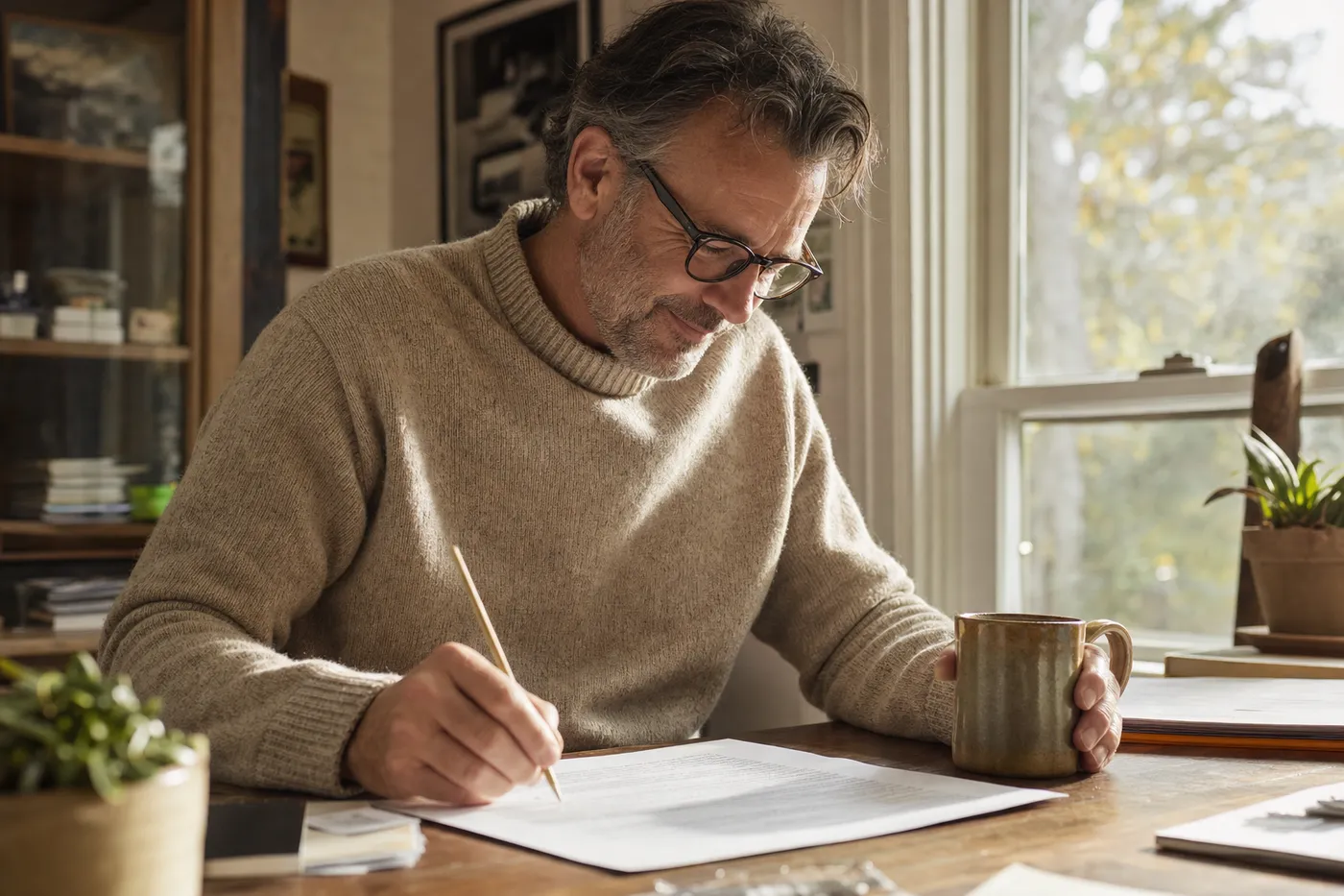 A professional smiling wryly while editing draft text on a printed page at a sunlit wooden table.