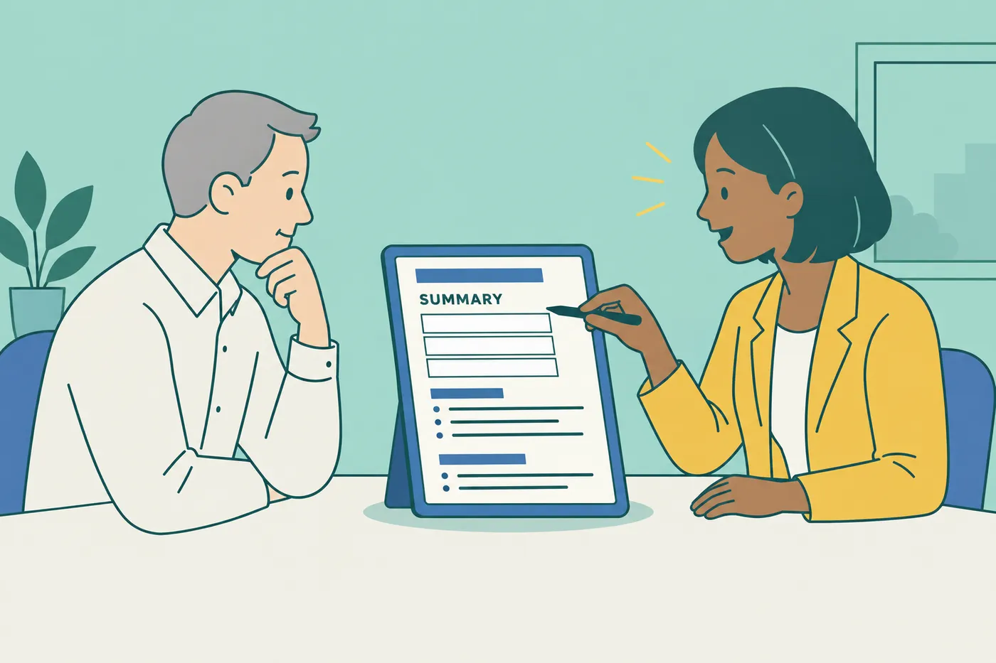 A job seeker and a career coach discuss a resume on a tablet, focusing on the empty summary section at the top.