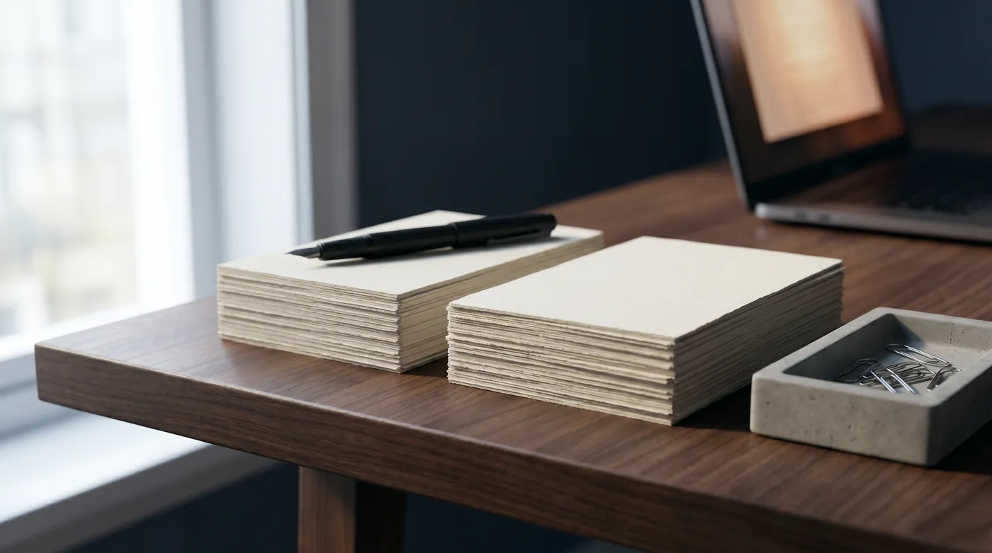 Two neat stacks of blank cardstock paper with a fountain pen on a walnut desk, representing structured skill mapping.