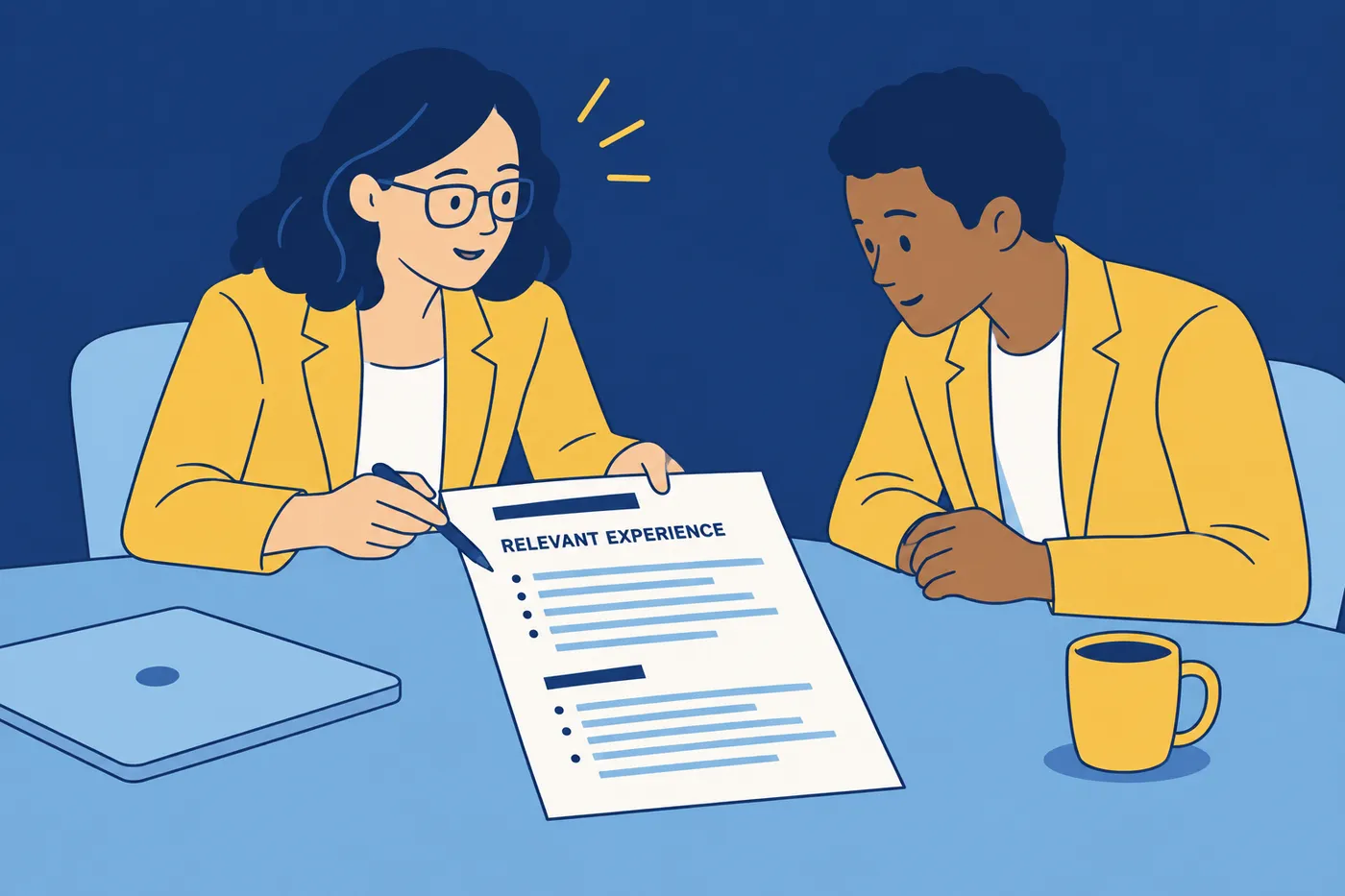A career advisor points to a Relevant Experience section on a resume for a young man pivoting careers.