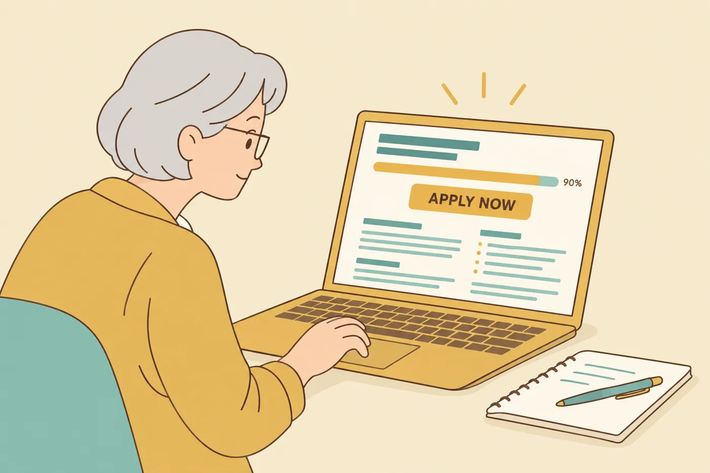 A focused woman in her sixties prepares to click an 'Apply Now' button on a job posting with a nearly full candidate pipeline.