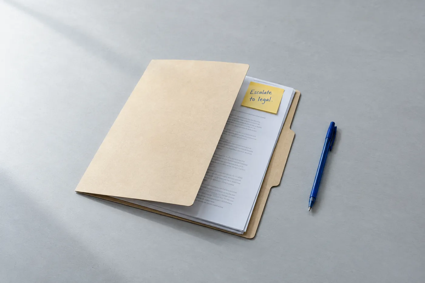 An open HR file folder with a yellow sticky note reading 'Escalate to legal' and a blue pen on a grey desk.