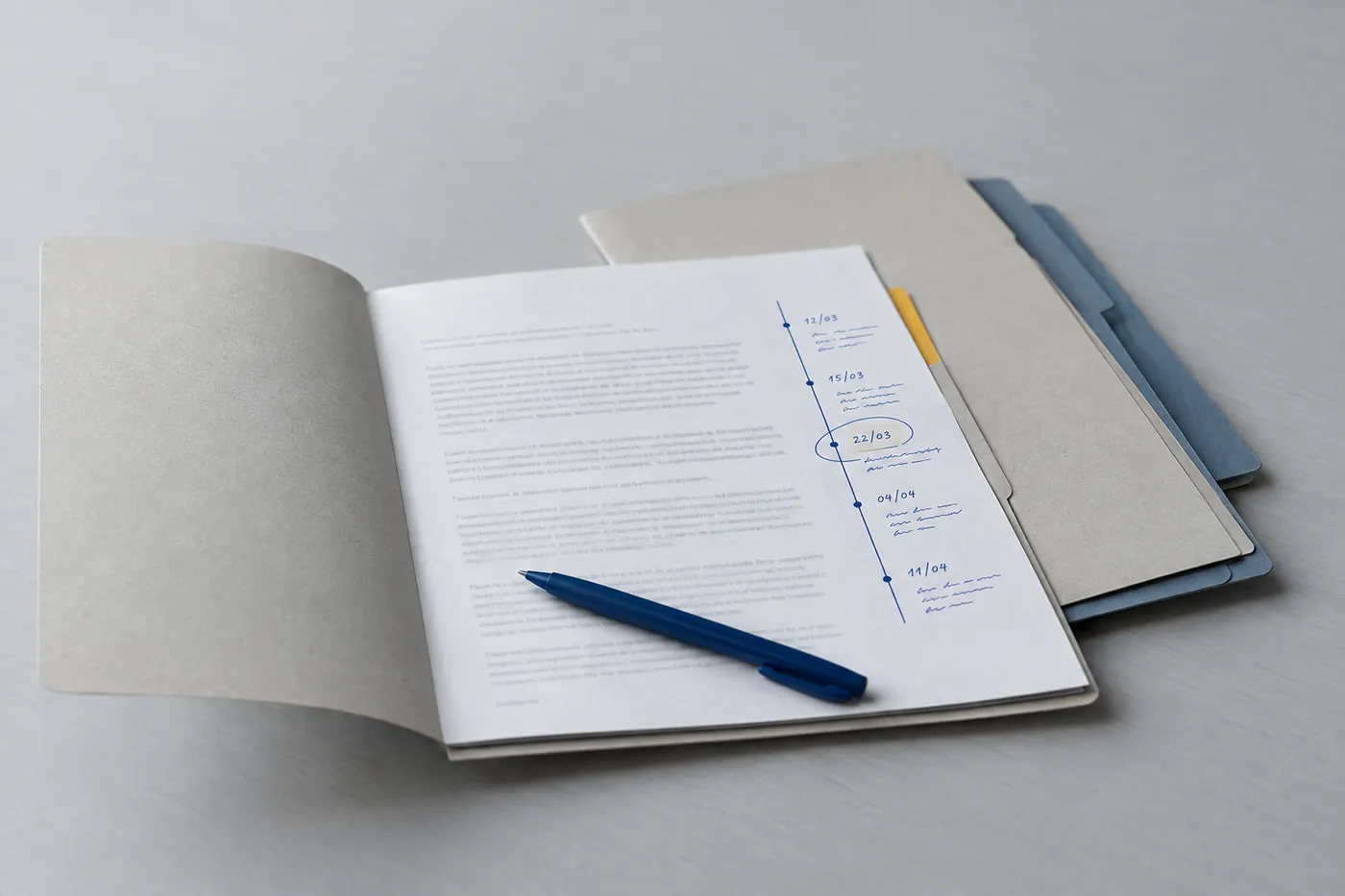 An open HR case folder on a desk showing a handwritten timeline in blue ink, illustrating structured documentation.