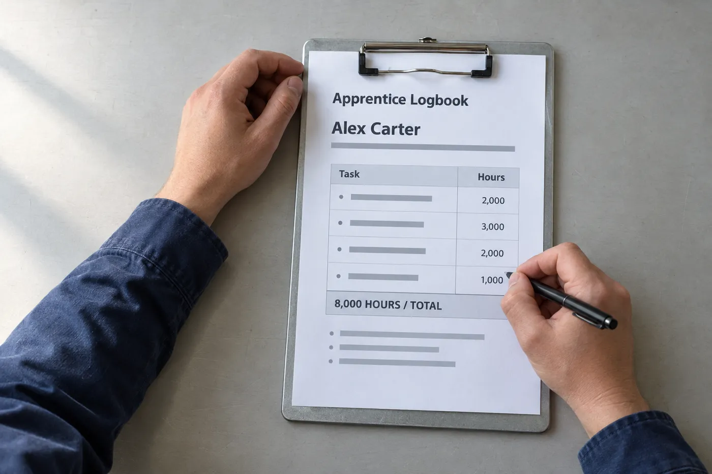 Hands completing an apprentice log sheet showing a breakdown of 8,000 total hours, for an article on HVAC training.