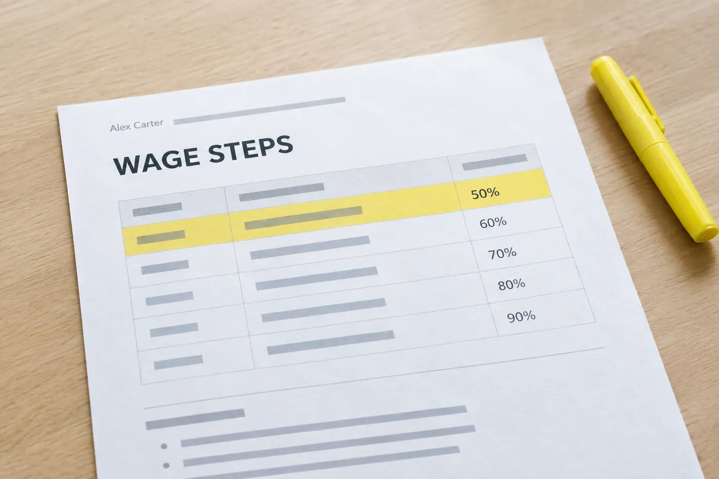 A close-up of a printed HVAC apprentice wage progression document showing pay steps, for an article on apprentice pay.
