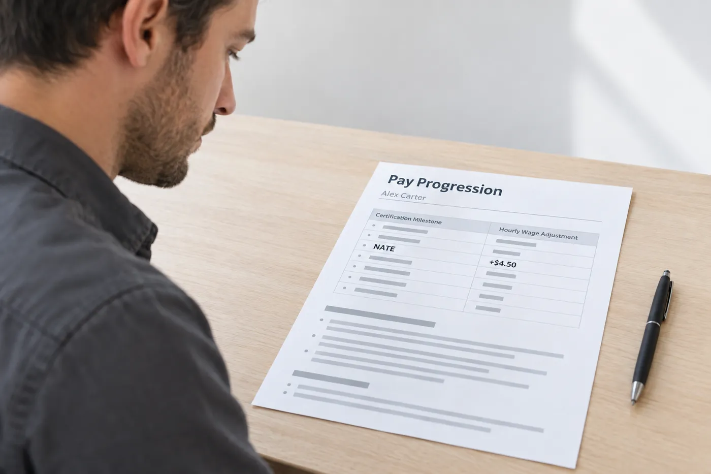 A technician reviews an HVAC pay progression sheet showing a wage increase for NATE certification.