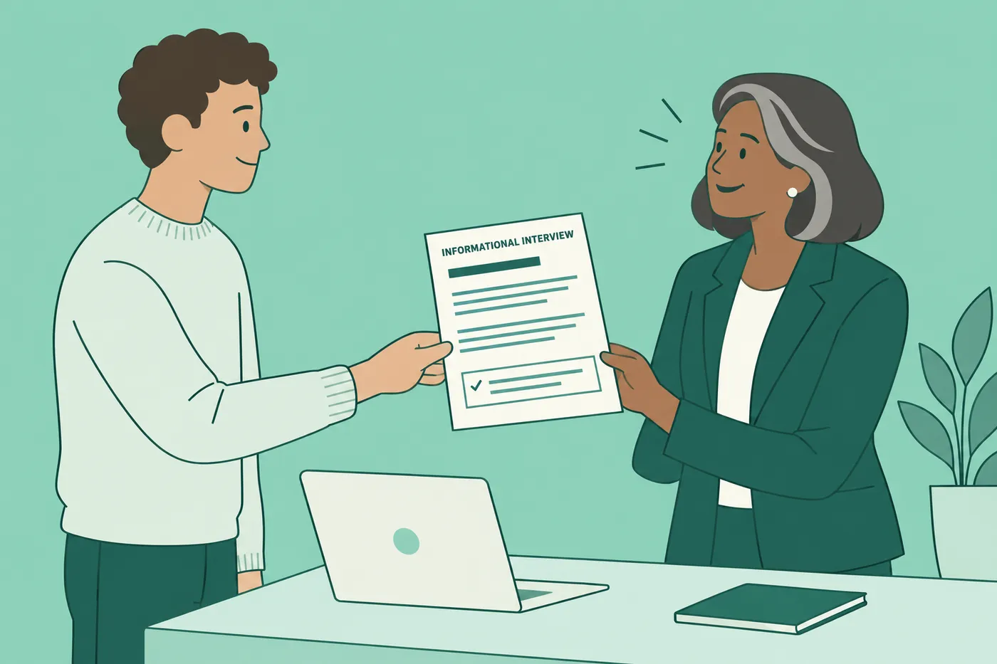 A man hands an informational interview request to a professional, highlighting a focus on career advice.