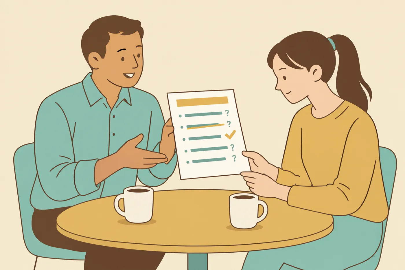 A man hands a document to a young woman showing interview questions, with one crossed out and a better alternative ticked.
