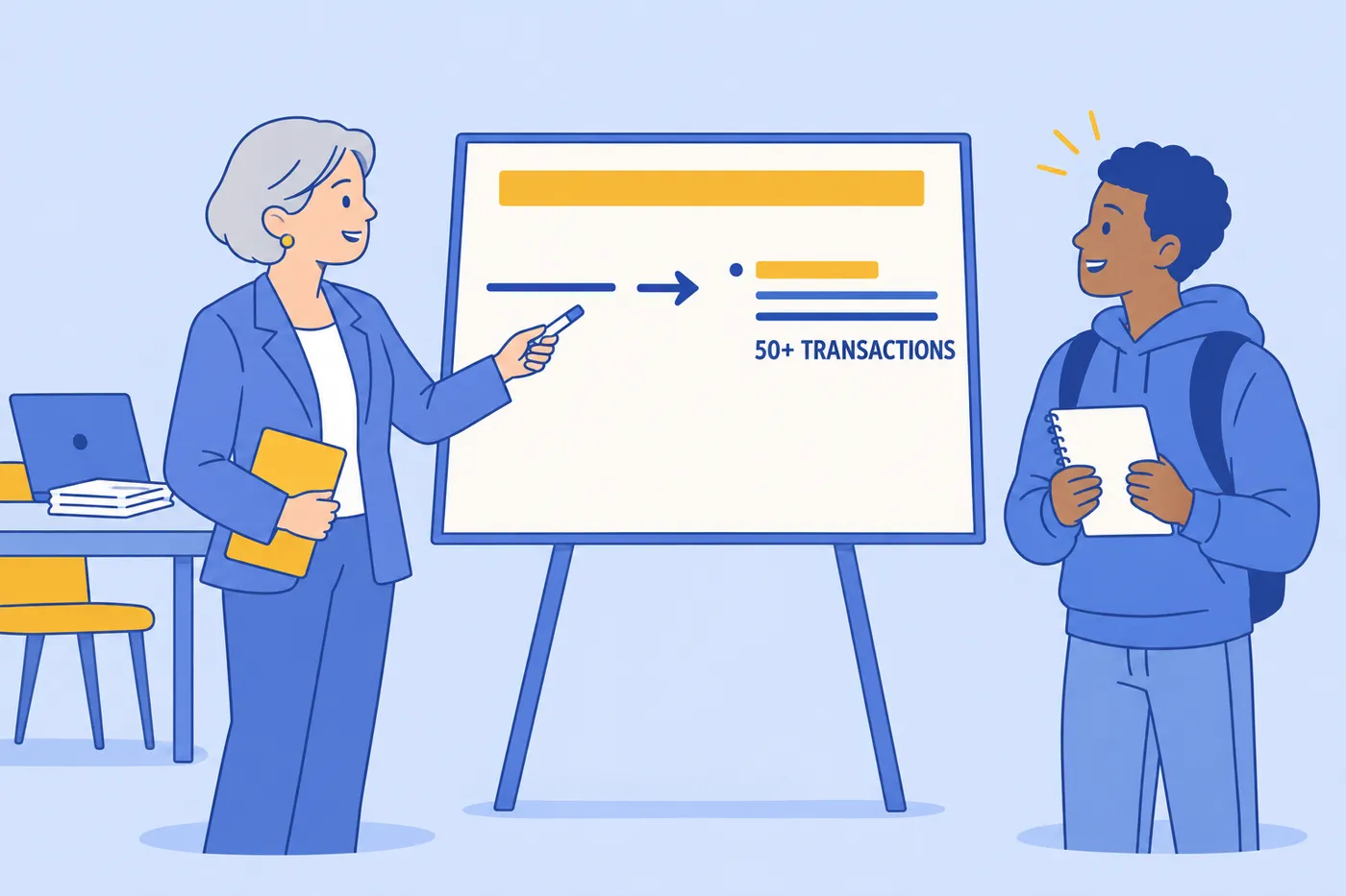 A career advisor helps a student turn everyday chores into quantitative resume bullets on a whiteboard.