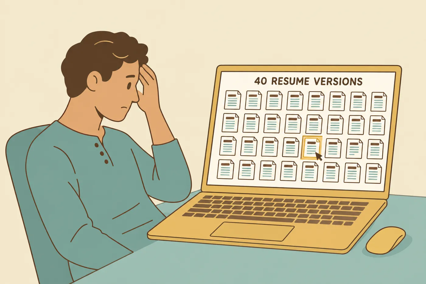 A job seeker looks frustrated at his laptop screen showing forty different versions of his resume, for an article on version control.