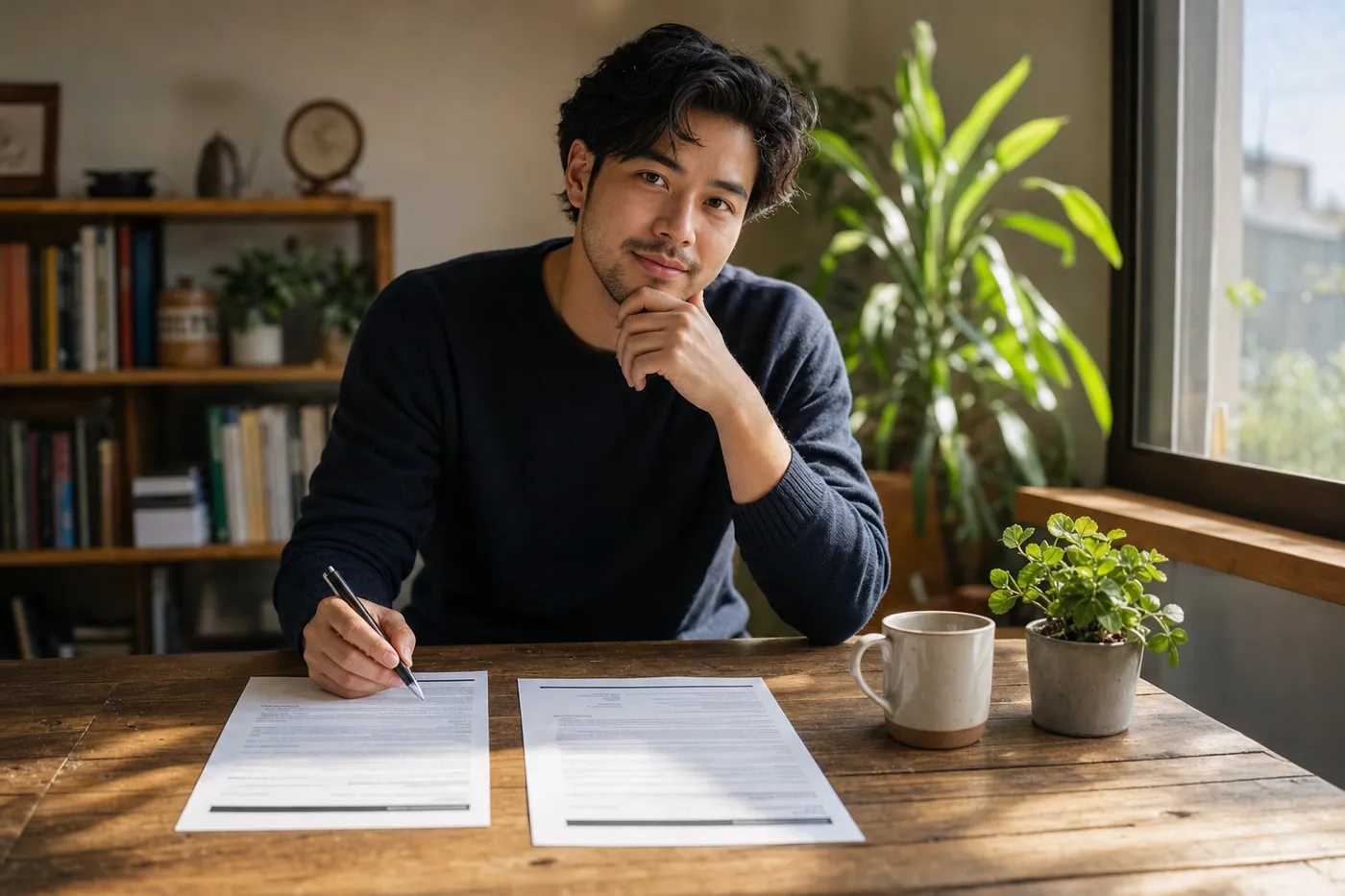 A job seeker thoughtfully compares two printed resume drafts side-by-side at a sunlit wooden table.