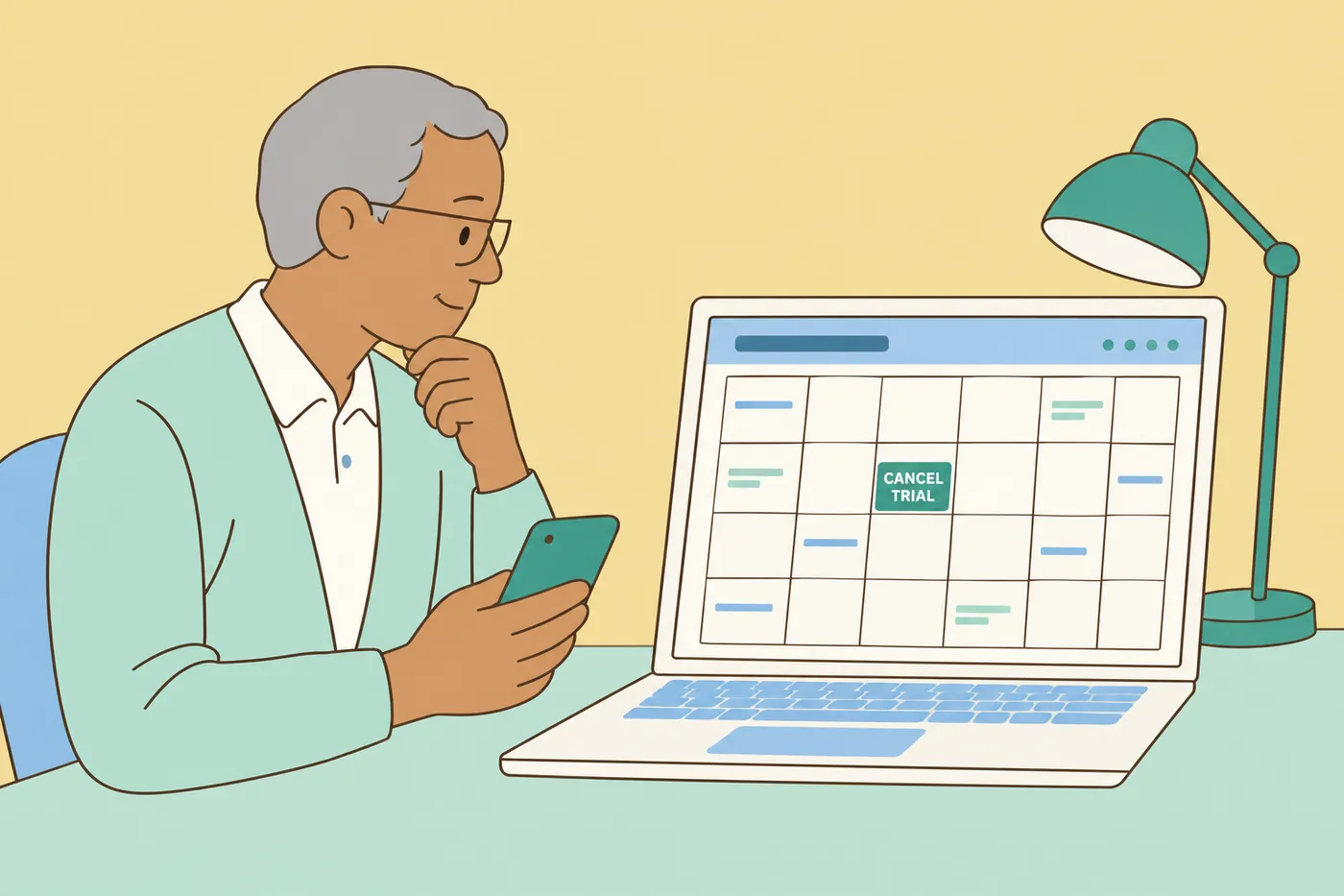 A man sets a calendar reminder on his laptop to cancel his trial subscription, illustrating how to use resume builders safely.
