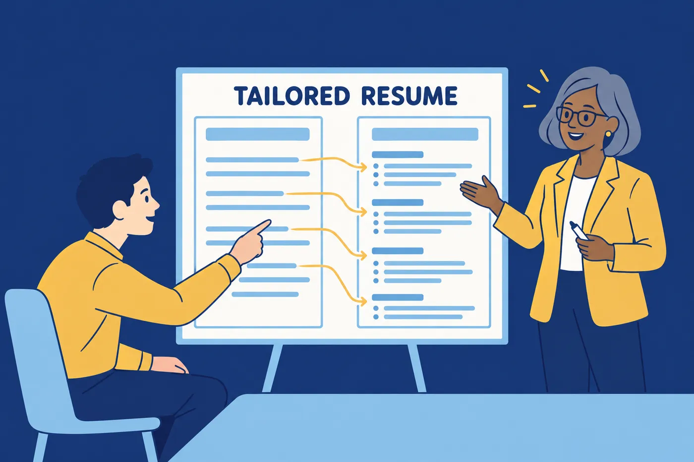 A career coach and a job seeker match resume bullet points to a job description on a whiteboard to tailor the resume.