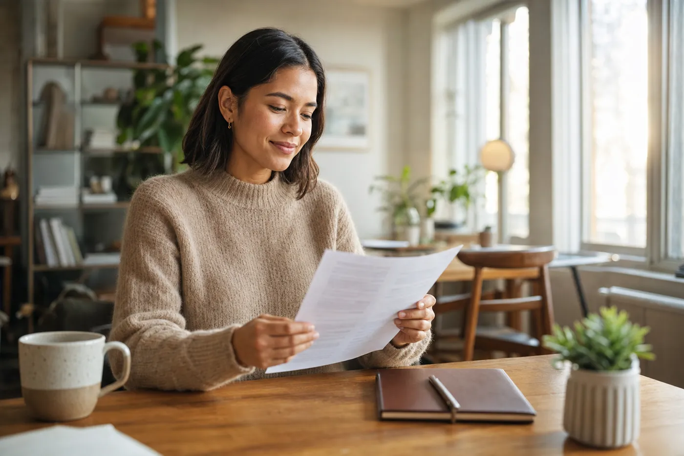 A professional reviews a high-quality printed resume in a sunlit home office, representing premium career tools.