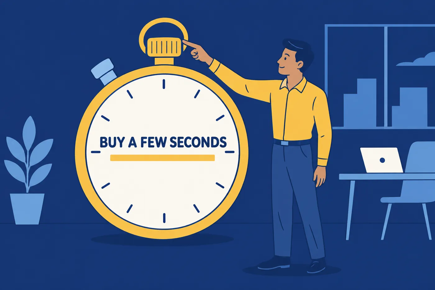 A man points to a giant stopwatch labeled Buy a Few Seconds, illustrating how to handle freezing during a job interview.