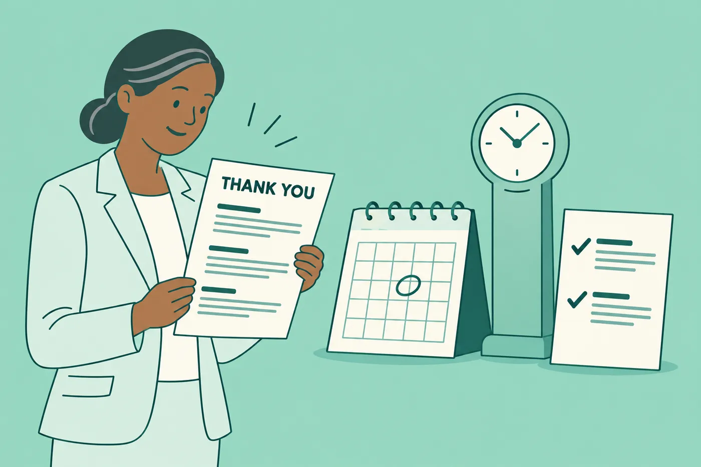 A job seeker holds a thank-you letter next to a calendar, clock, and checklist, illustrating how to close an interview.