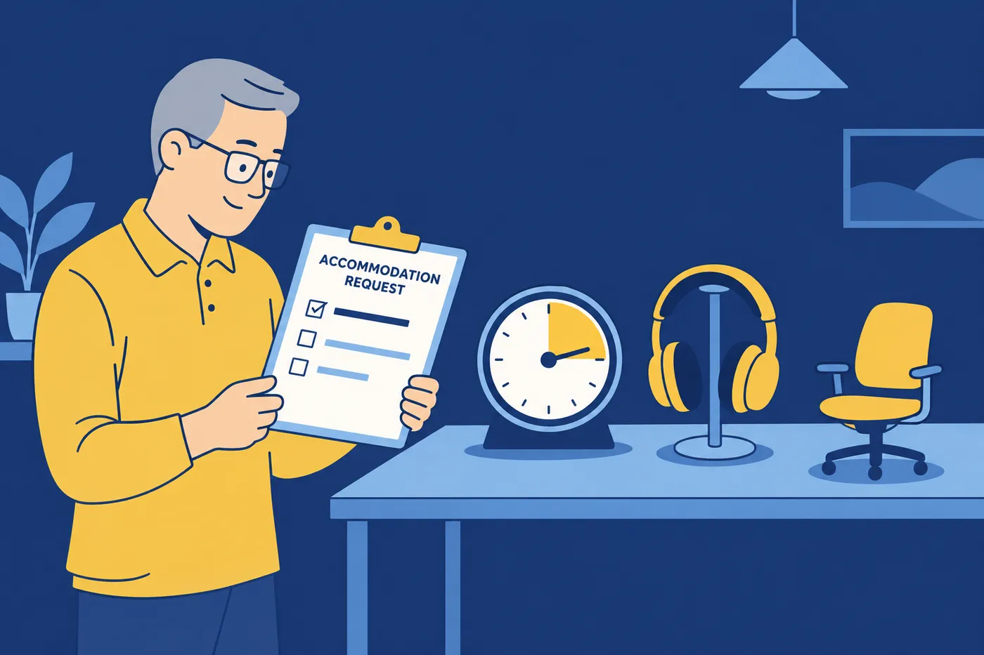 A man reviews an accommodation request form next to objects representing extra time, audio tools, and workspace adjustments.