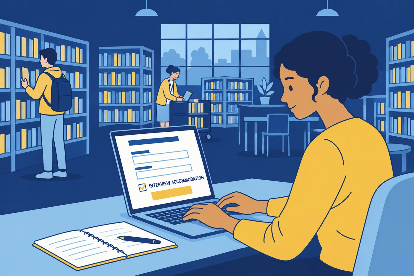 A woman requests interview accommodations on her laptop at a library, for an article on setting interview terms early.