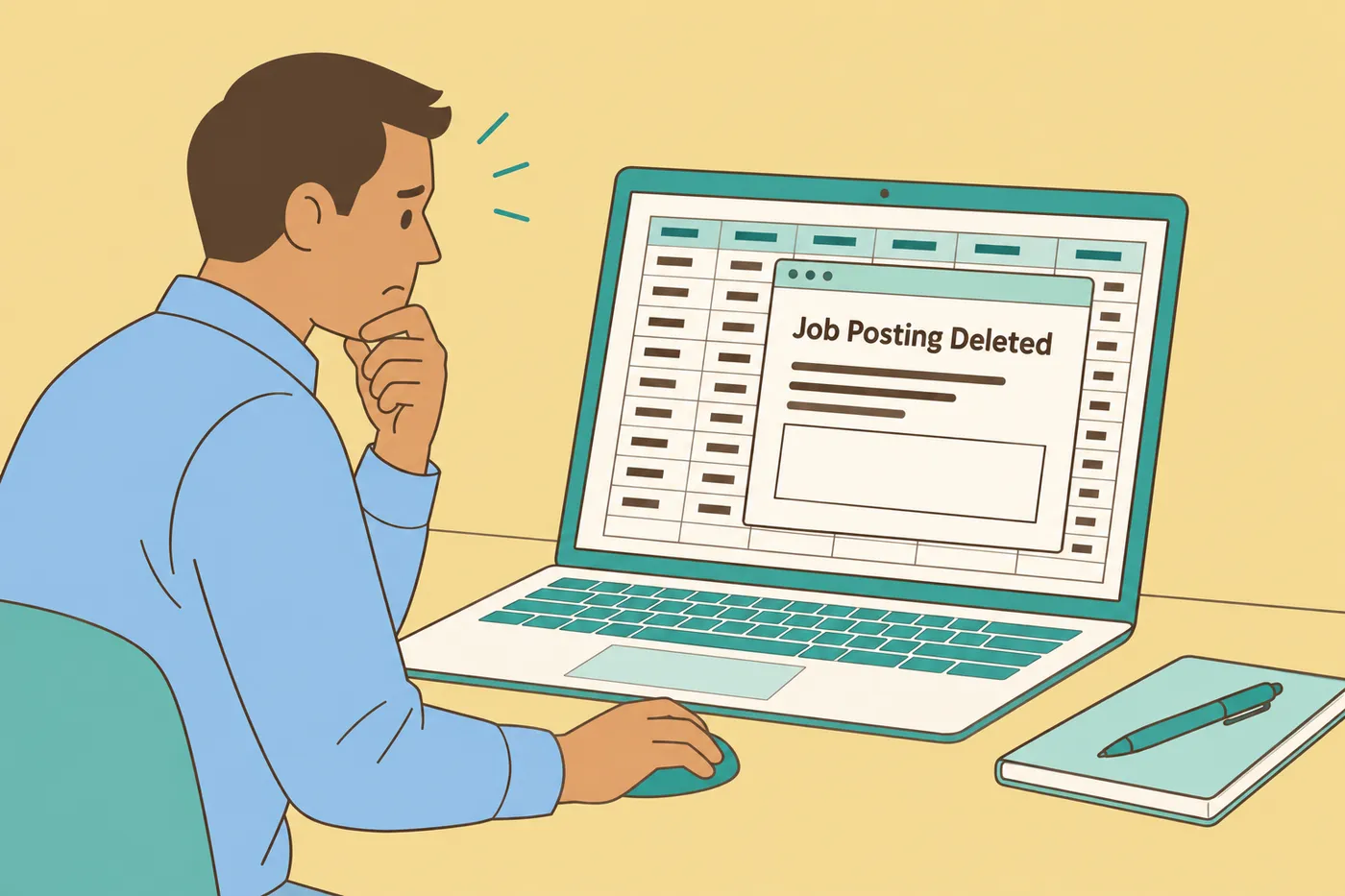 A frustrated job seeker looks at a laptop showing a deleted job posting over a spreadsheet, for an article on application tracking problems.
