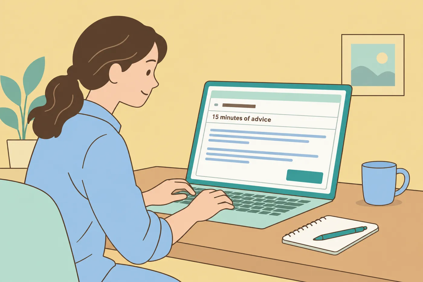 A job seeker types a friendly networking email with the subject line '15 minutes of advice' on her laptop.