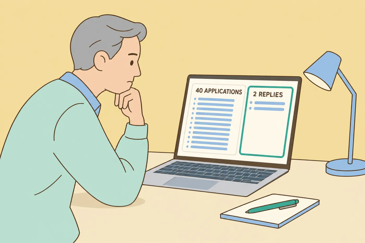 A job seeker looks thoughtfully at a laptop tracker showing forty applications but only two replies.