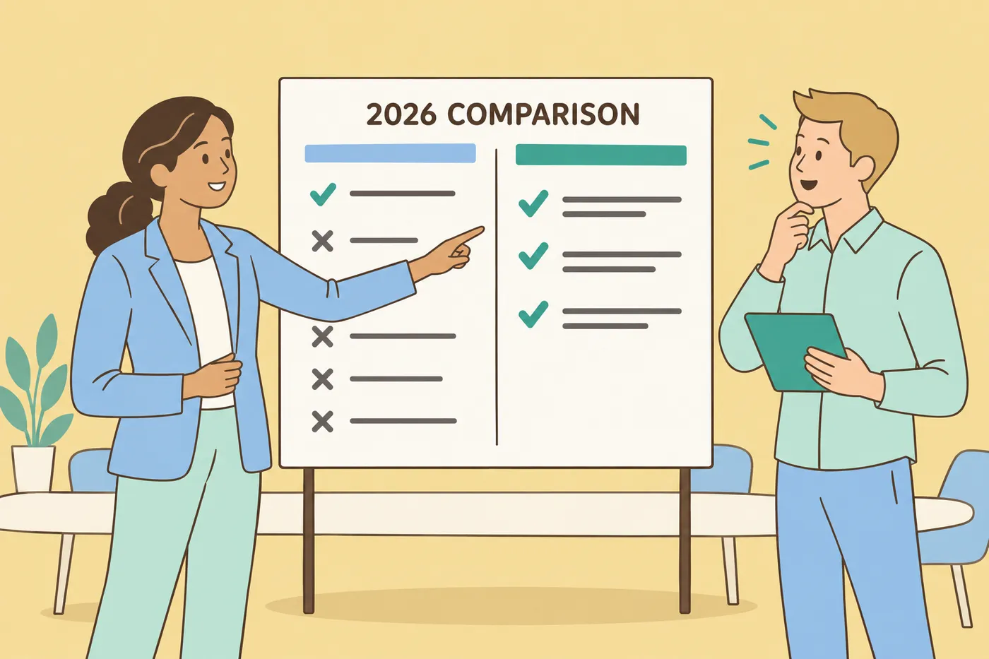 Two professionals compare resume tailoring tools on a feature chart, for a Jobscan alternatives guide.