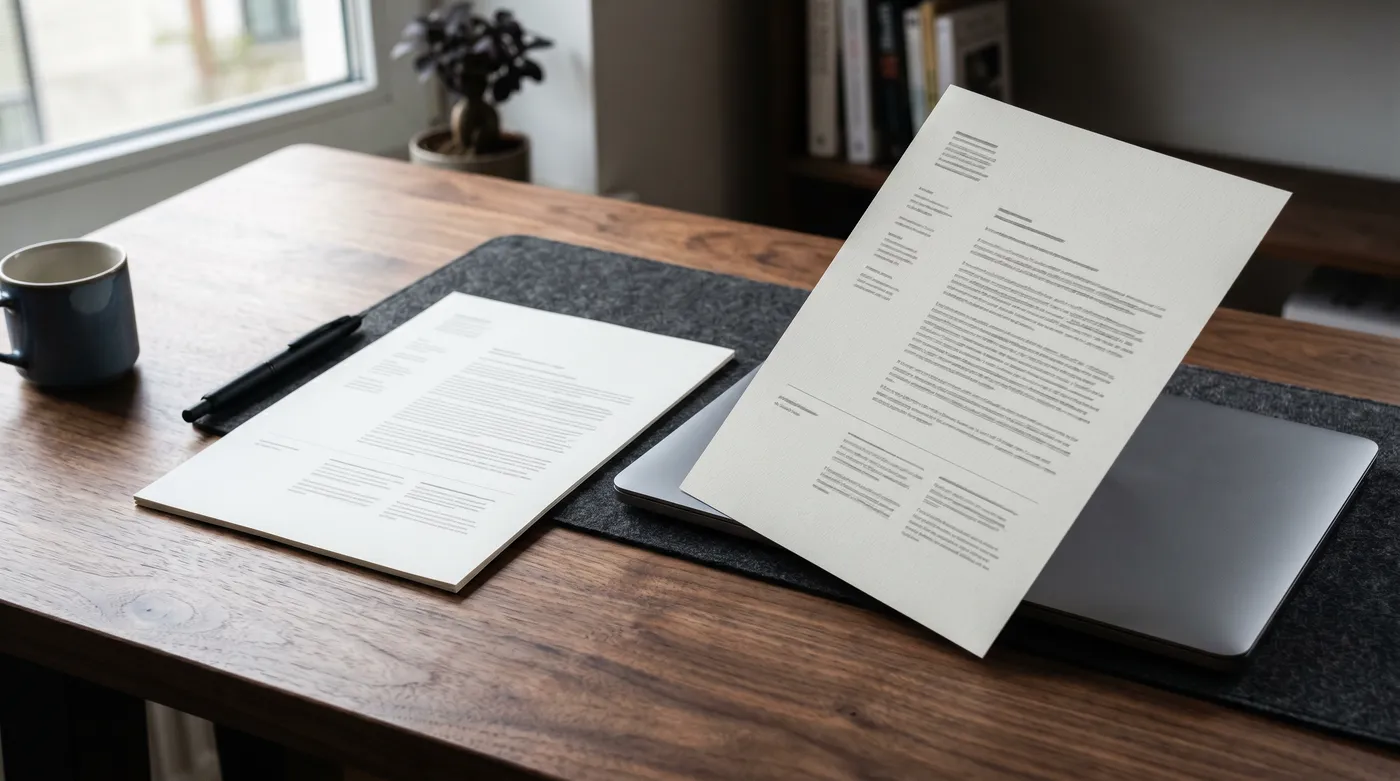 Two printed resumes side-by-side on a walnut desk next to a closed laptop, comparing tailoring options.