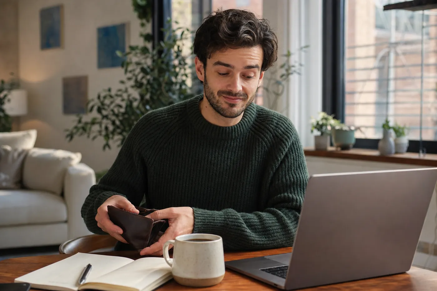A professional looking at his laptop with a wry smile while reaching for his wallet, representing hidden export fees.