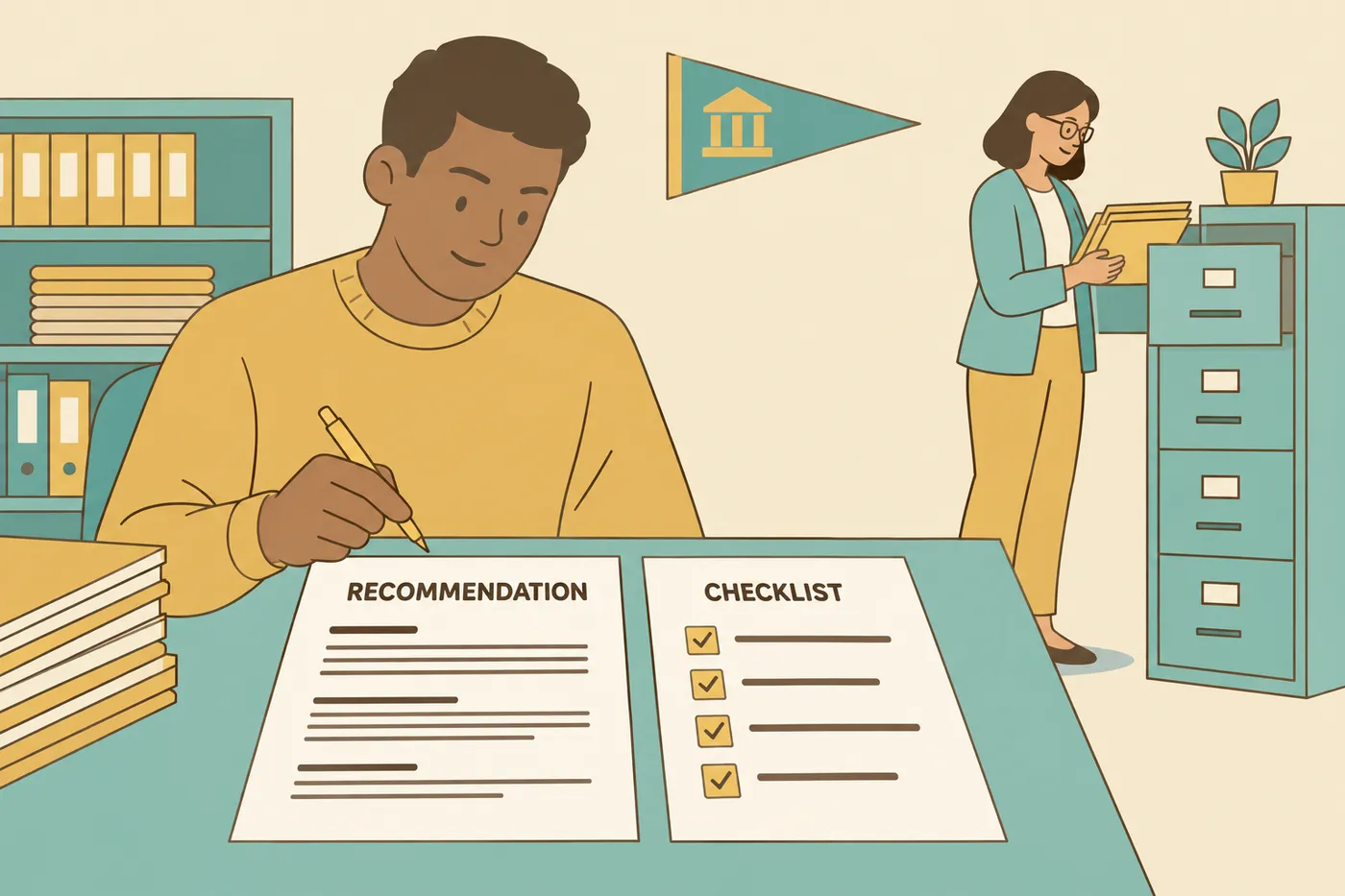 An admissions reader reviews a candidate's recommendation letter against a checklist in a university office.