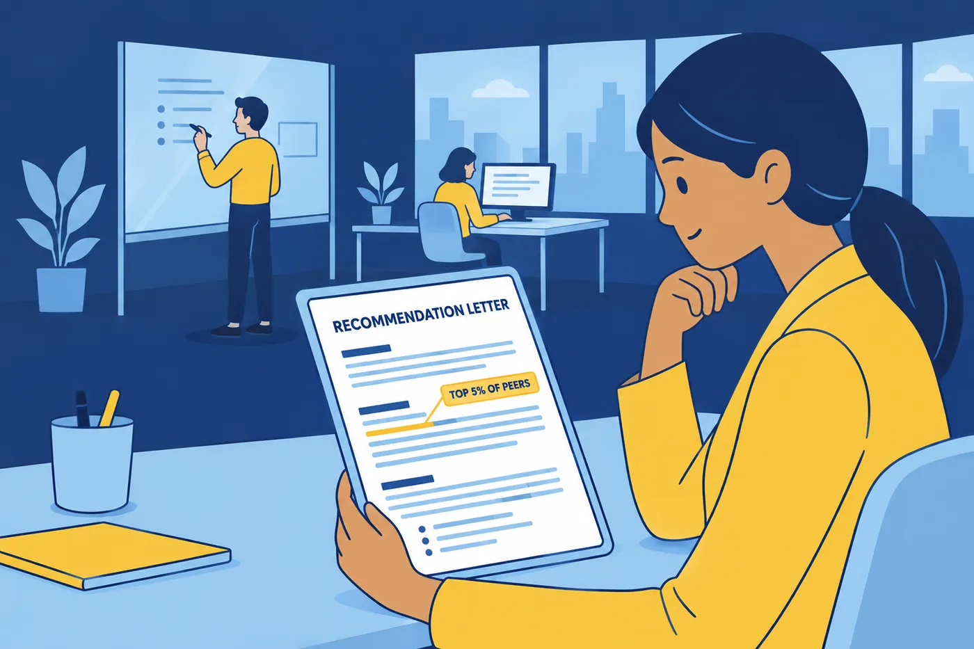 A woman drafts a recommendation letter on her tablet in a busy office, highlighting a specific ranking metric.