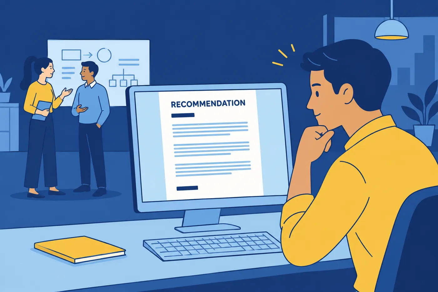 A manager with olive skin reviews a single-page recommendation letter on his office monitor, for an article on formatting.