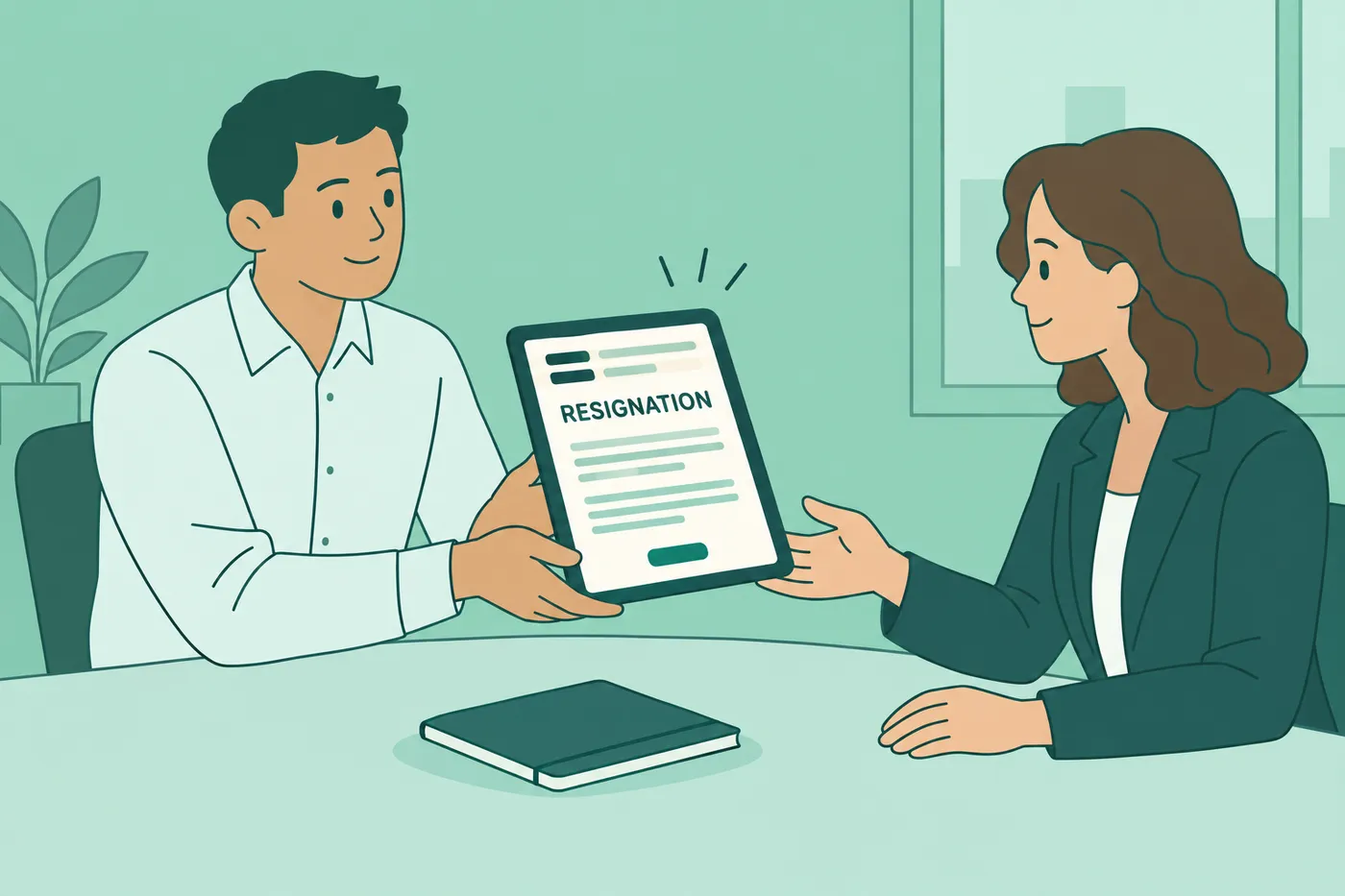 An employee hands a tablet showing a resignation email to his manager, illustrating how to resign by email.