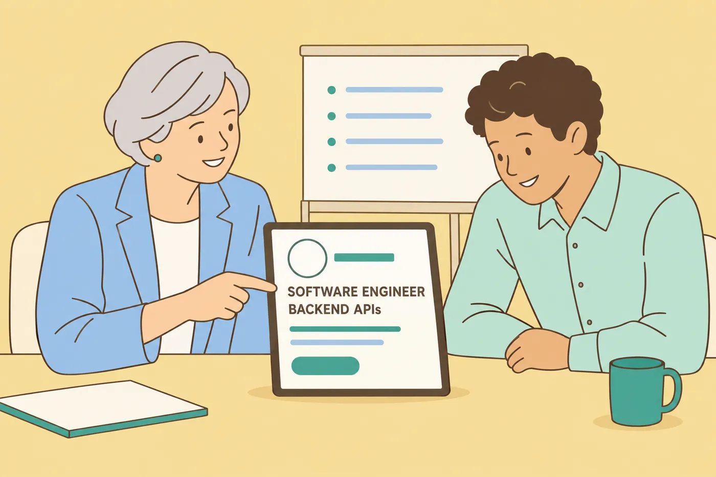 A career coach and a job seeker review a LinkedIn headline mockup on a tablet, illustrating headline ideas by role.