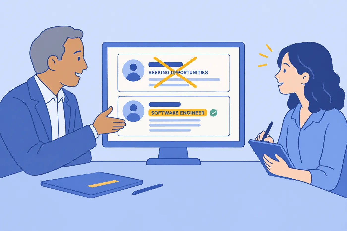 A career coach helps a job seeker fix a LinkedIn headline on a screen, contrasting a generic phrase with a target role.