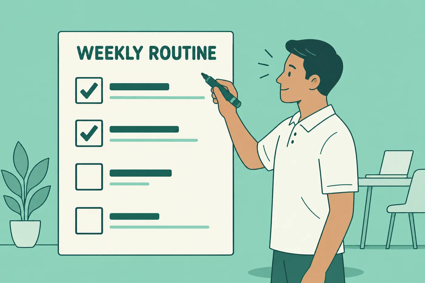 A man tracks his weekly networking routine on a giant checklist with ticked boxes, for a guide on LinkedIn routines.