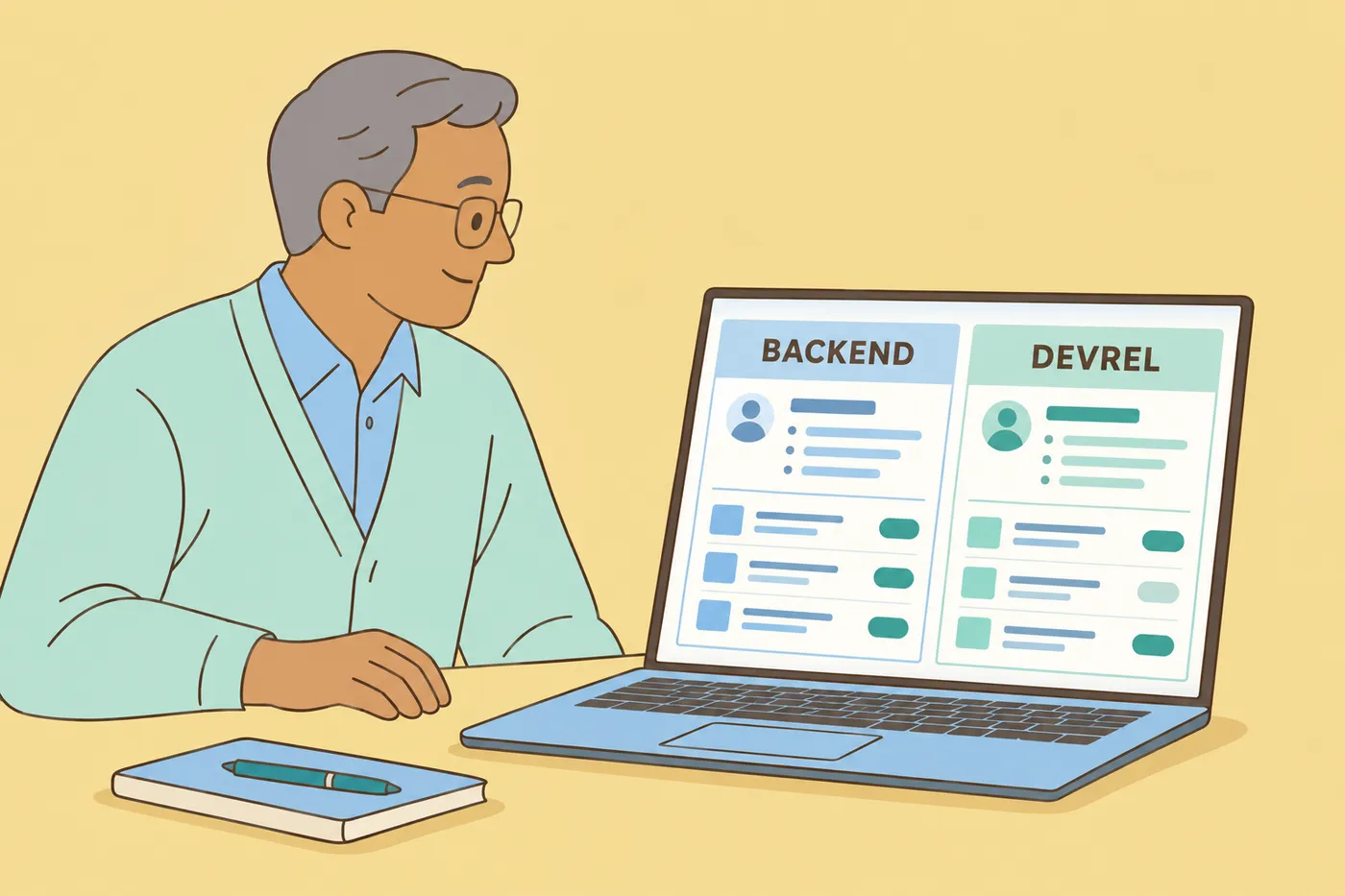 A job seeker views organized Backend and DevRel role workspaces on a laptop, for an article on resume organization.