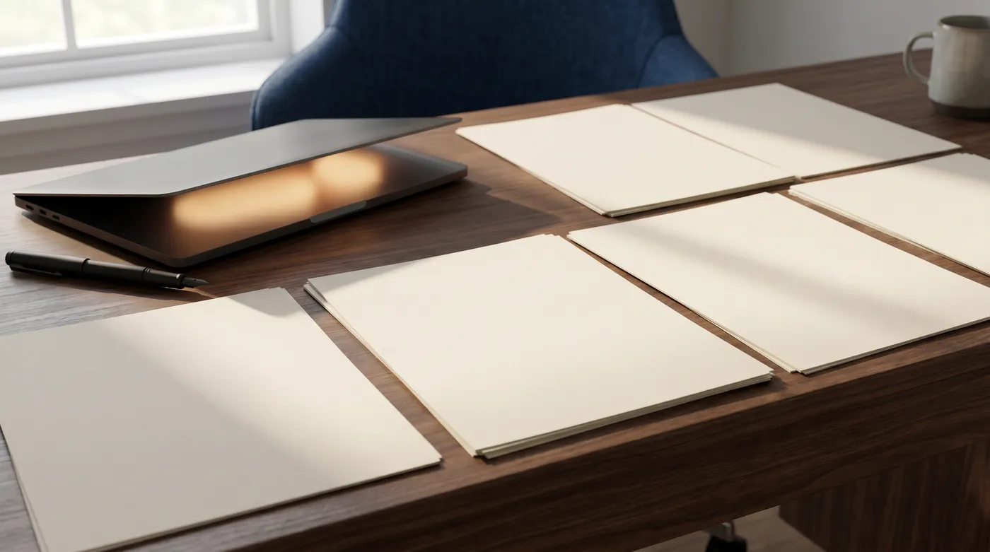 A fan of blank, premium paper resumes on a walnut desk next to a fountain pen and a closed laptop.